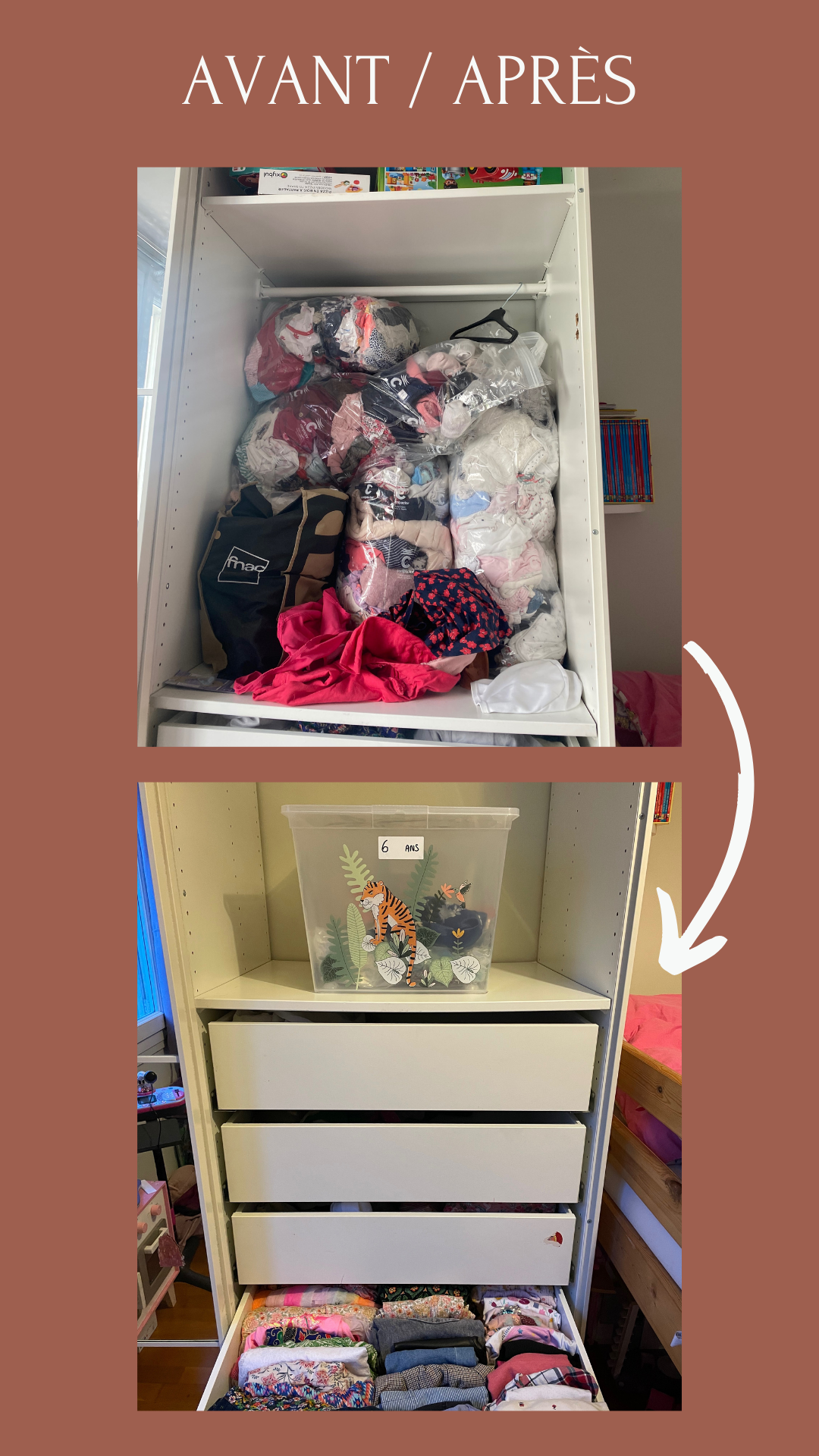 Rangement avant après armoire par une profesionnelle de l'organisation