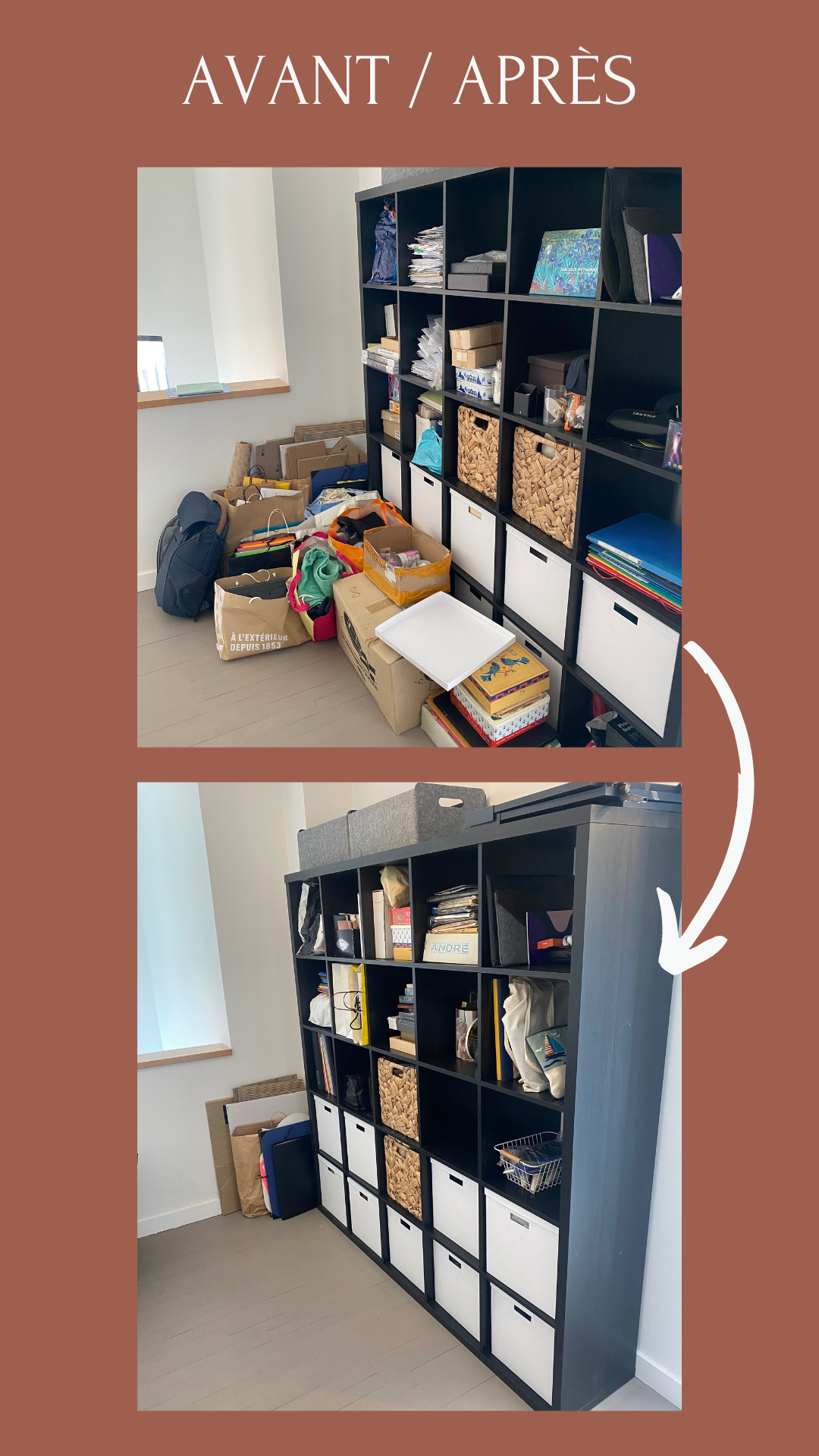 Rangement avant après armoire de rangement avec boite