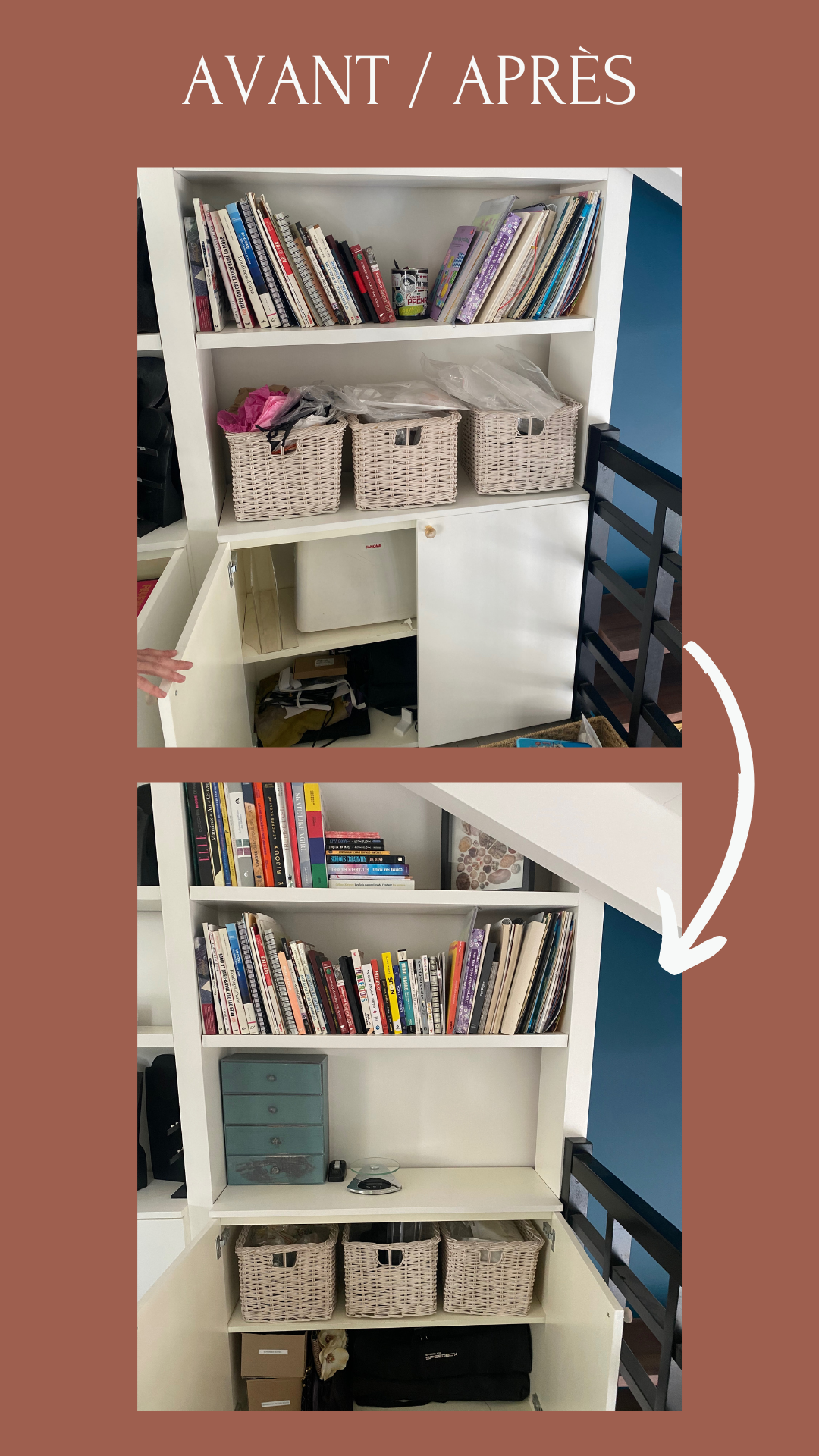 Rangement avant après livre bibliothèque