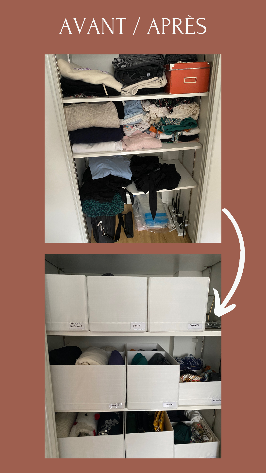 Rangement avant après dressing dans des boites