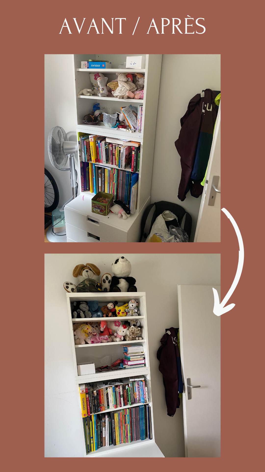 Rangement Avant après d'un placard à livre